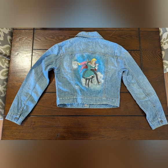 Hand-painted Howls Moving Castle Romantic Scene Lucky Brand Denim Jacket sz M - Picture 4 of 12
